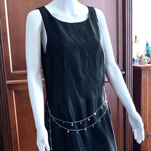 Black shiny linen midi prom party dress sleeveless silver metal chain belt US 10 - Picture 2 of 16